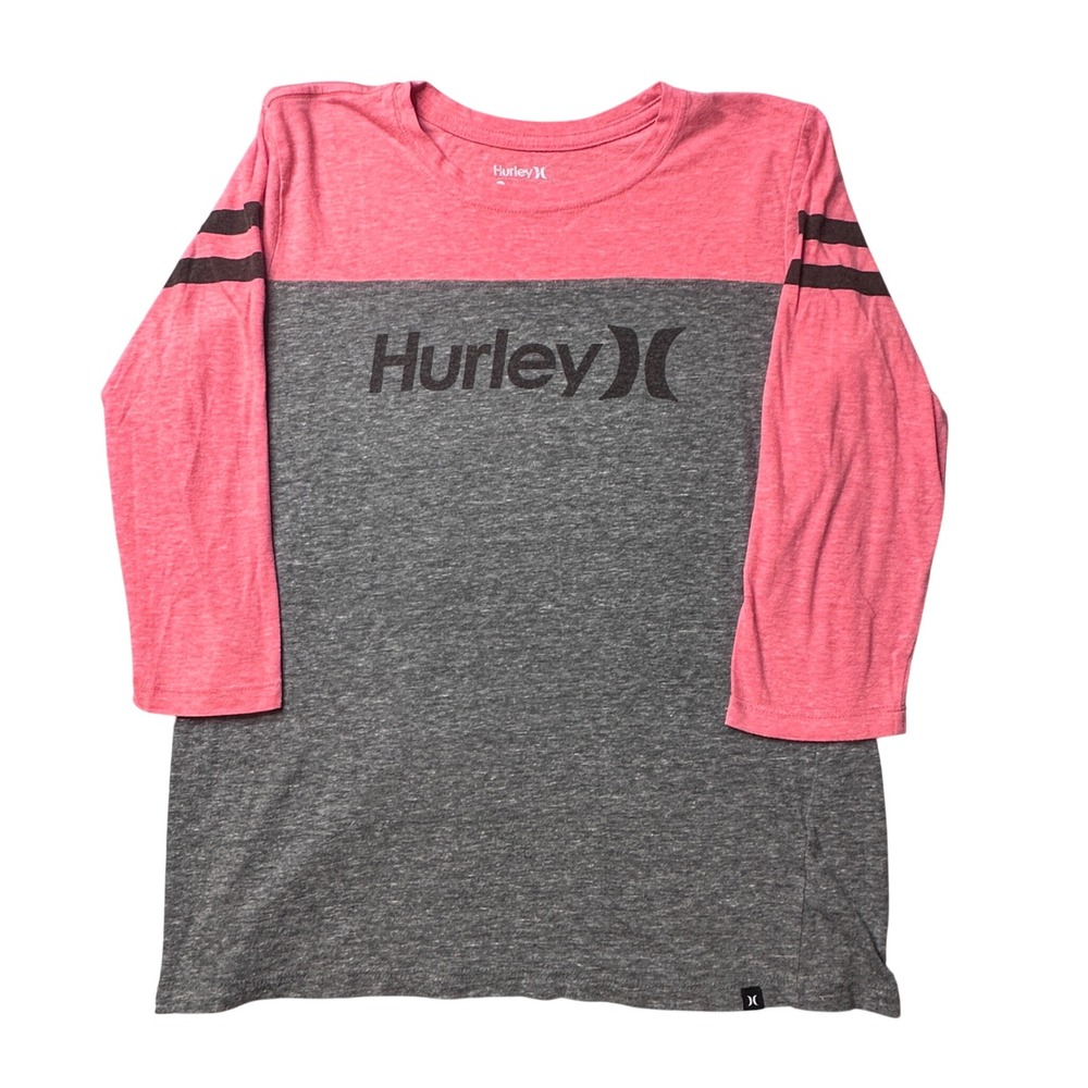 Hurley Shirt Womens L Pink Grey GTSPBIGB Long Sleeve Baseball Tee Colorblock